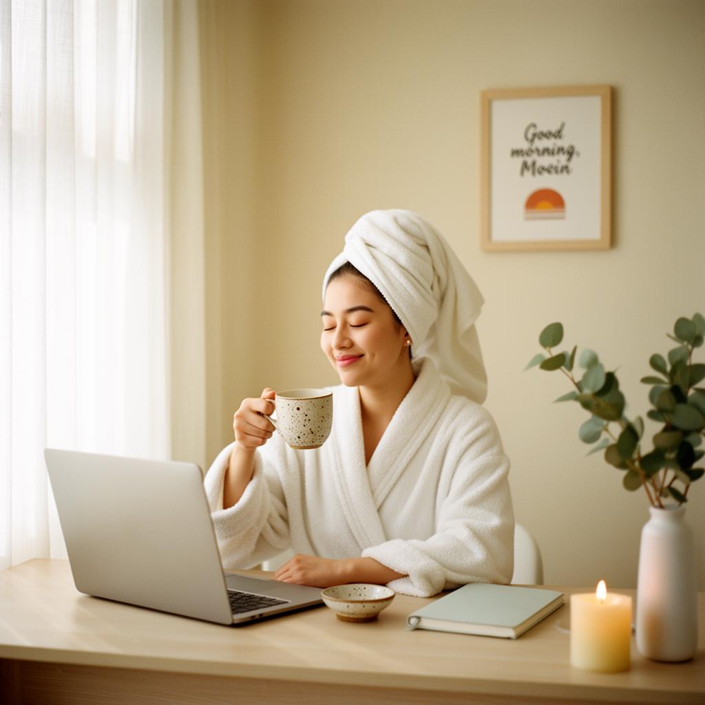 A calm morning — woman in a white robe sipping coffee at her laptop
